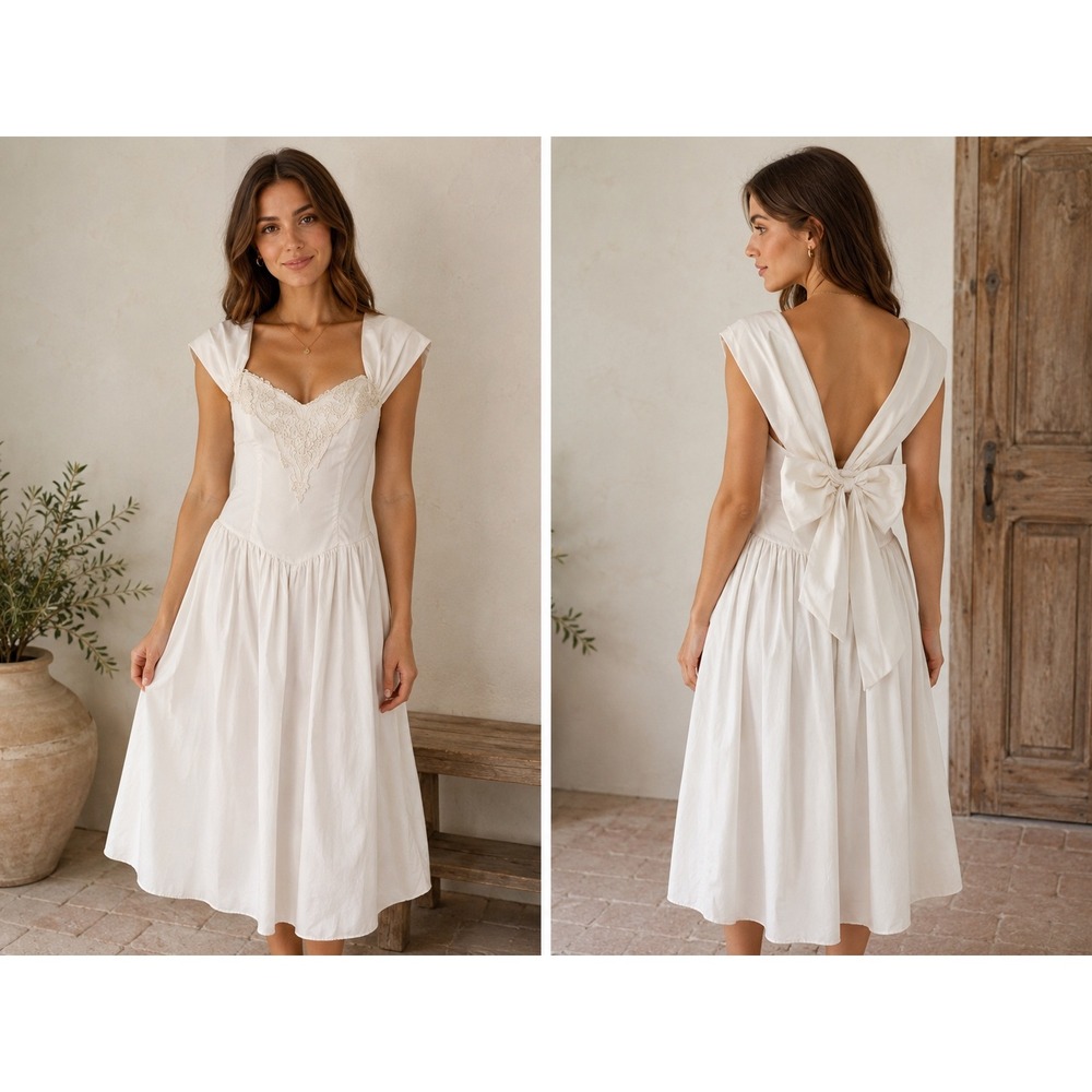 Jessica‎ McClintock Gunne Sax VTG White Lace Sweetheart Midi Dress 7/8 Bow Bride